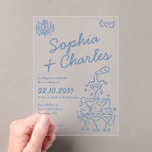 Playful Whimsical Hand Drawn Illustration Wedding Acrylic Invitations