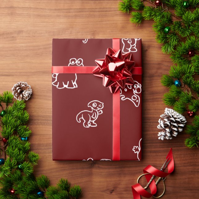 Playful White Cartoon Dinos on Dark Red Wrapping Paper (Holiday Gift)