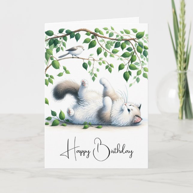 Playful White Cat with Bird Birthday Card (Front)