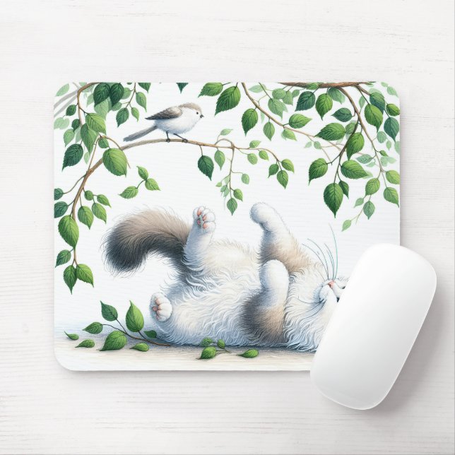 Playful White Cat With Bird In Tree Mouse Mat (With Mouse)