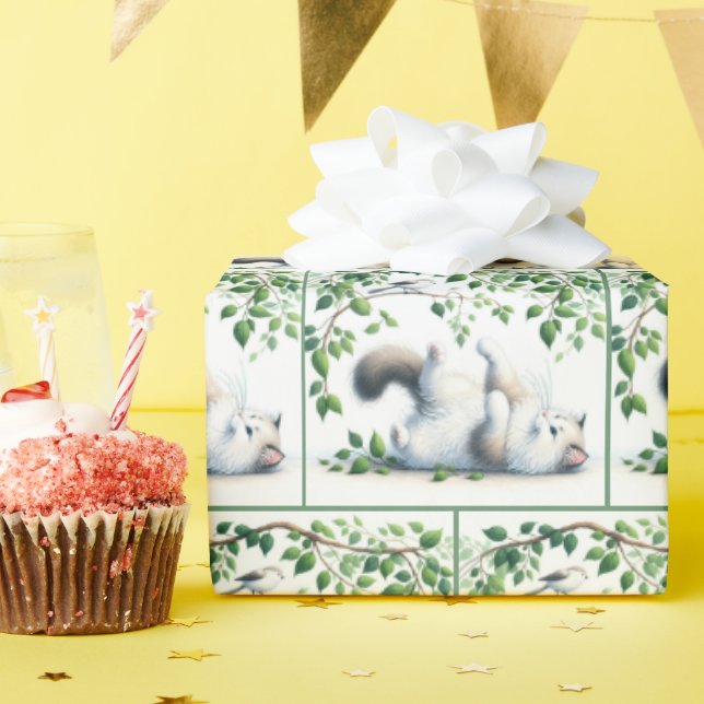 Playful White Cat With Bird Wrapping Paper (Birthday Party)