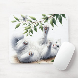 Playful White Cat With Tree Branch Mouse Mat