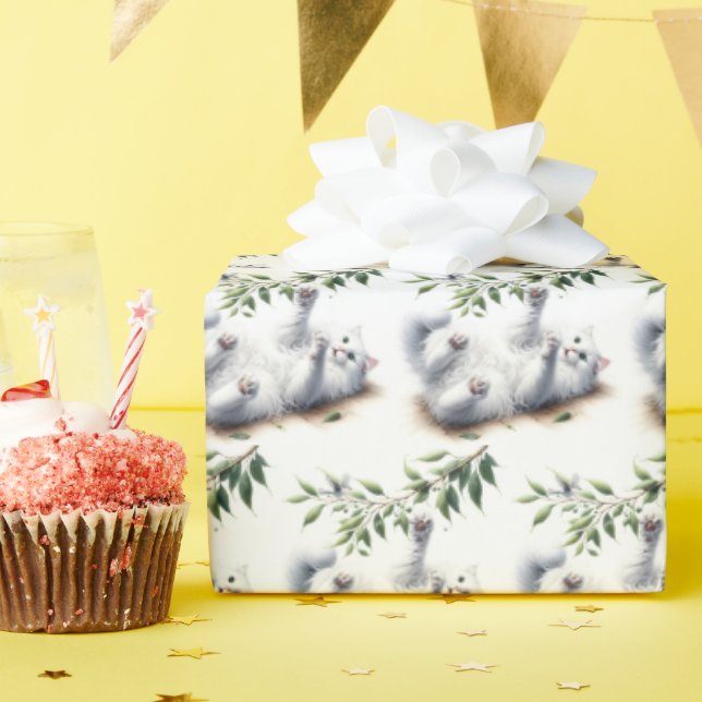 Playful White Cat With Tree Branch Wrapping Paper (Birthday Party)