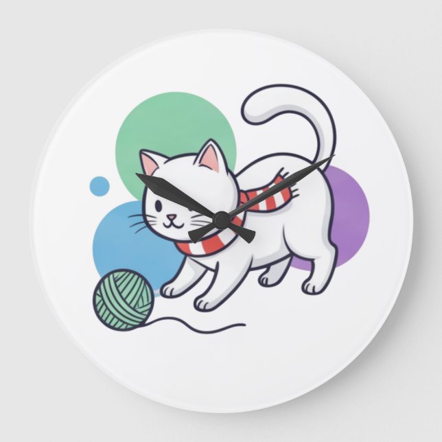 Playful White Cat with Yarn Tee Large Clock (Front)