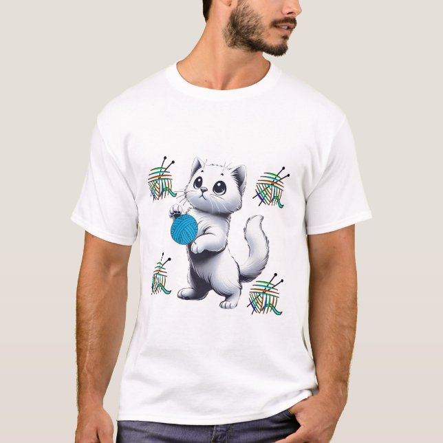 Playful White Cat Yarn in Hand T-Shirt (Front)