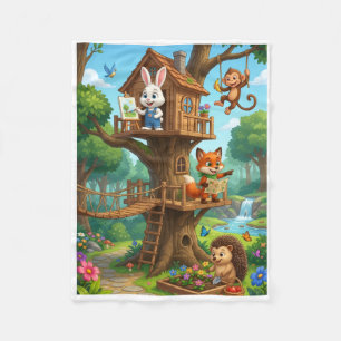 Playful Wild Animals On Magical Treehouse Fleece B Blanket