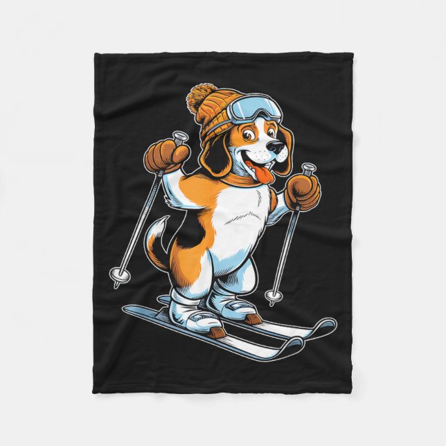 Playful winter beagle with skiing  fleece blanket (Front)