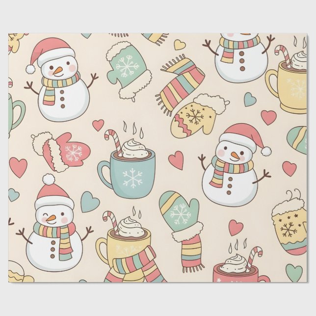 Playful Winter Holiday Hand-Drawn Snowmen and Fest Wrapping Paper (Flat)