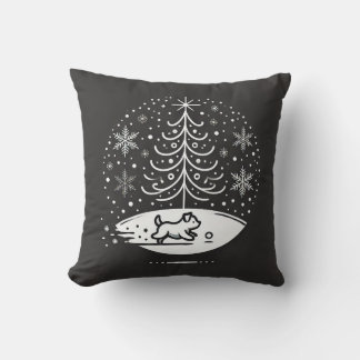 Playful Winter Scene – Minimalist Tree and Puppy D Cushion