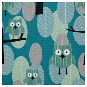Playful Woodland Retro Owl Pattern Teal Grey Green Fabric
