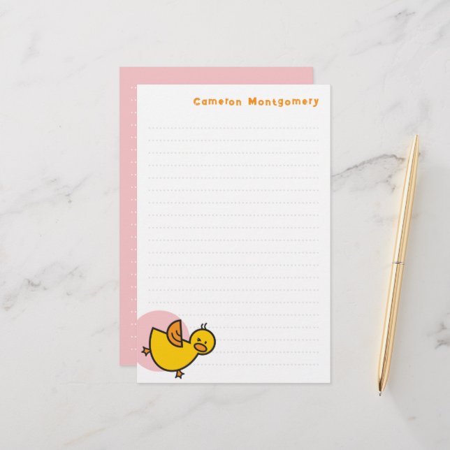 Playful Yellow Baby Duck Pink Dot Kid's Thank You Stationery (Front/Back In Situ)