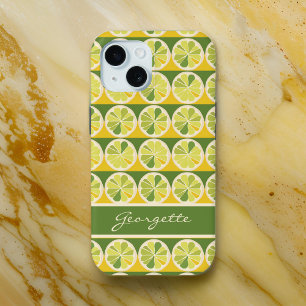Playful Yellow Green Lemon Lime Monogram Name iPhone 15 Case