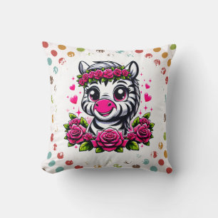 Playful Zebra with Pink Rose Crown Cushion