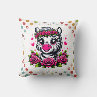 Playful Zebra with Pink Rose Crown Cushion