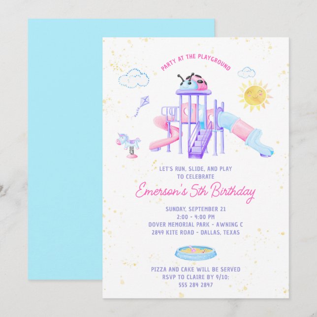 Playground Birthday Party Invitation for Girls (Front/Back)