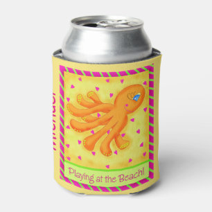 Playing Beach Octopus Yellow Name Personalised Can Cooler