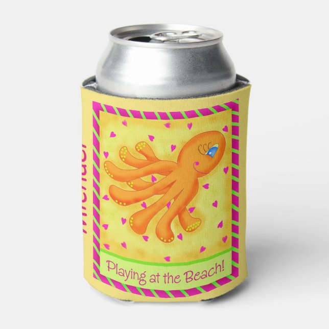 Playing Beach Octopus Yellow Name Personalised Can Cooler (Can Front)
