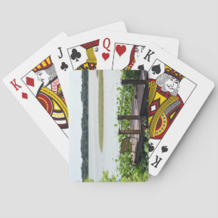 Playing Card on Photo of Dock on the Lake