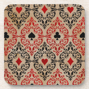 Playing Card Suits and Scroll on Tan Coaster