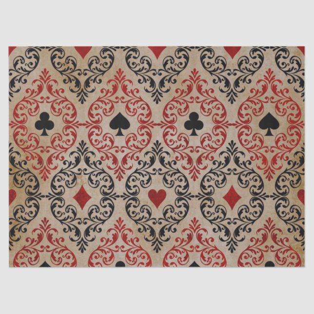 Playing Card Suits and Scroll on Tan Decoupage Tissue Paper (Front)