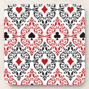 Playing Card Suits and Scroll on White Coaster