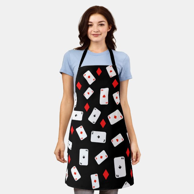 Playing Cards Aces and Red Diamonds Pattern Black Apron (Worn)