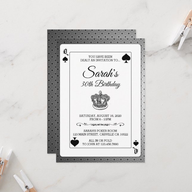 Playing Cards Queen of Spades Birthday Invitation (Front/Back In Situ)