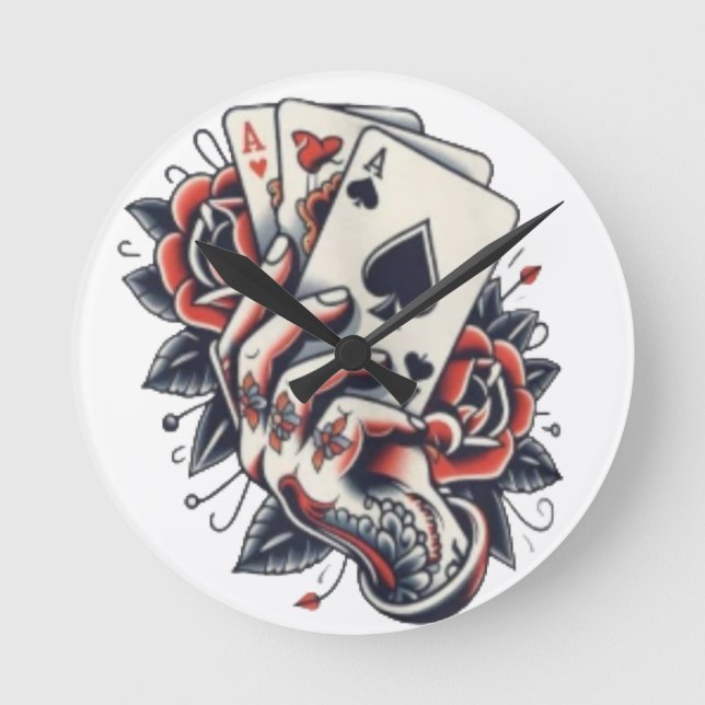 Playing Cards & Roses Flash Tattoo Round Clock (Front)