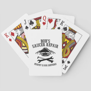 playing cards with black Bob's Saucer Repair logo