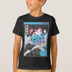 Playing Cats Surfing Kanagawa Wave Kawaii Anime Va T-Shirt