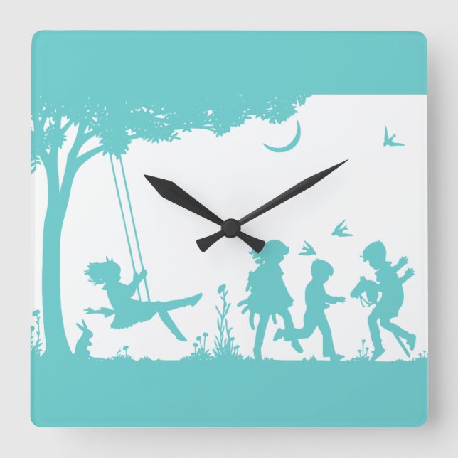 Playing children square wall clock (Front)