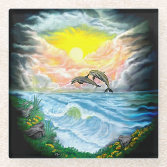 Playing Dolphins in the Sunshine Glass Coaster (Front)