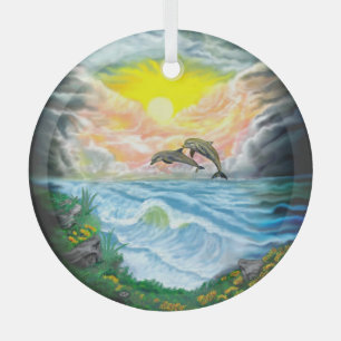 Playing Dolphins in the Sunshine Glass Tree Decoration