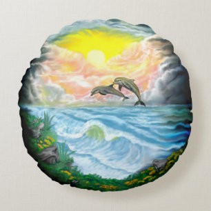 Playing Dolphins in the Sunshine Round Cushion