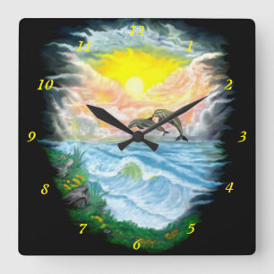 Playing Dolphins in the Sunshine Square Wall Clock