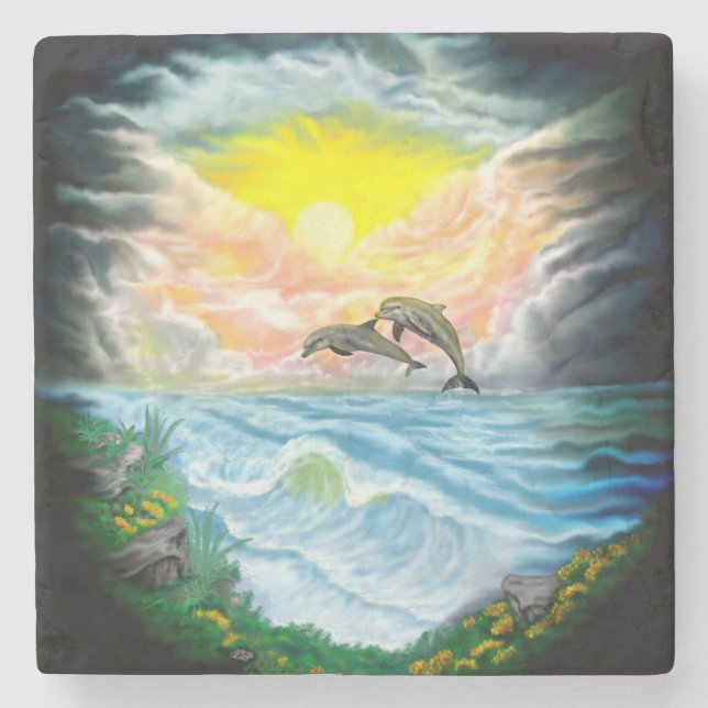 Playing Dolphins in the Sunshine Stone Coaster (Front)