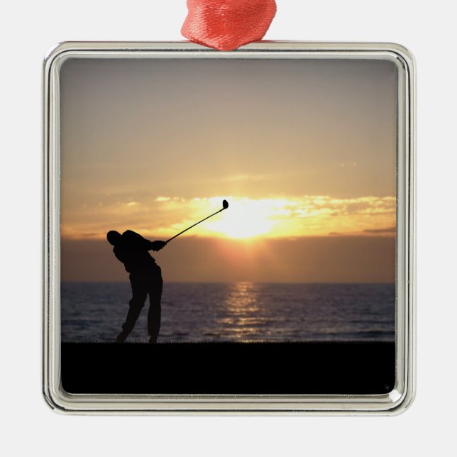 Playing Golf At Sunset Metal Tree Decoration (Front)