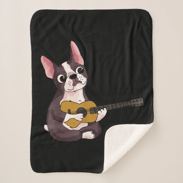 Playing Guitar Guitarist Frenchie Bulldog Gift Sherpa Blanket (Front)