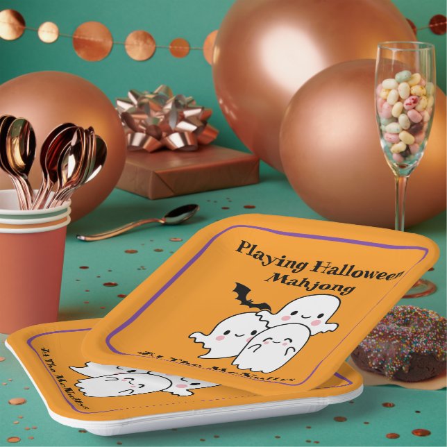 Playing Halloween Mahjong Personalise NAME Paper Plate (Multi)