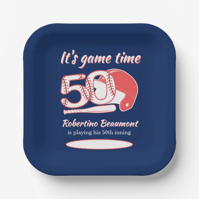 Playing His 50th Inning Baseball Birthday Party Paper Plate (Front)