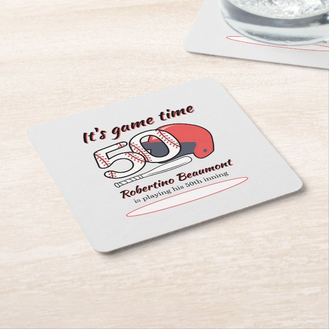Playing His 50th Inning Baseball Birthday Party Square Paper Coaster (Angled)