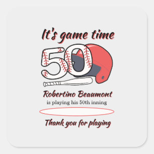 Playing His 50th Inning Baseball Birthday Party Square Sticker
