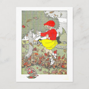 "Playing in the Leaves" Fall/Autumn Illustration Postcard