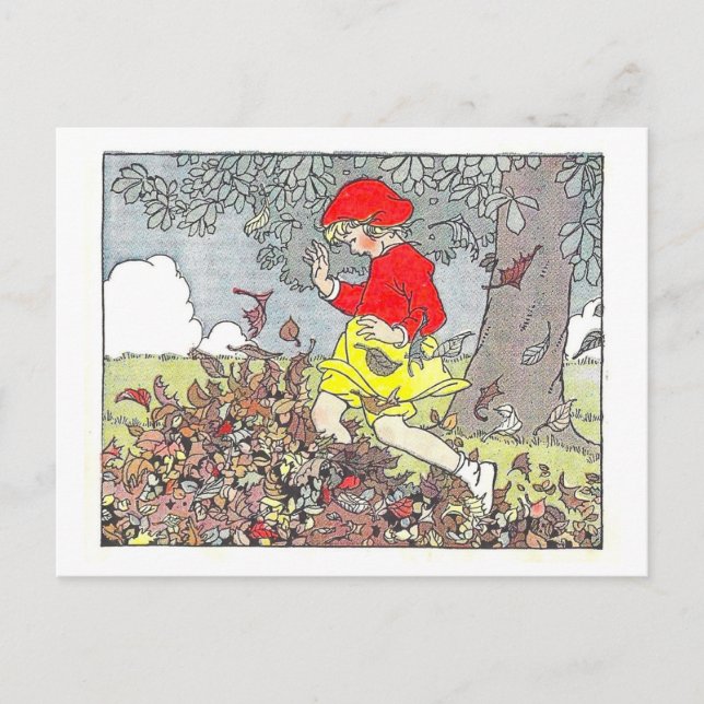 "Playing in the Leaves" Fall/Autumn Illustration Postcard (Front)