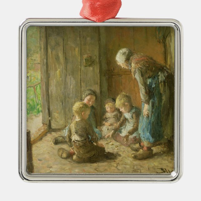 Playing Jacks on the Doorstep Metal Tree Decoration (Front)