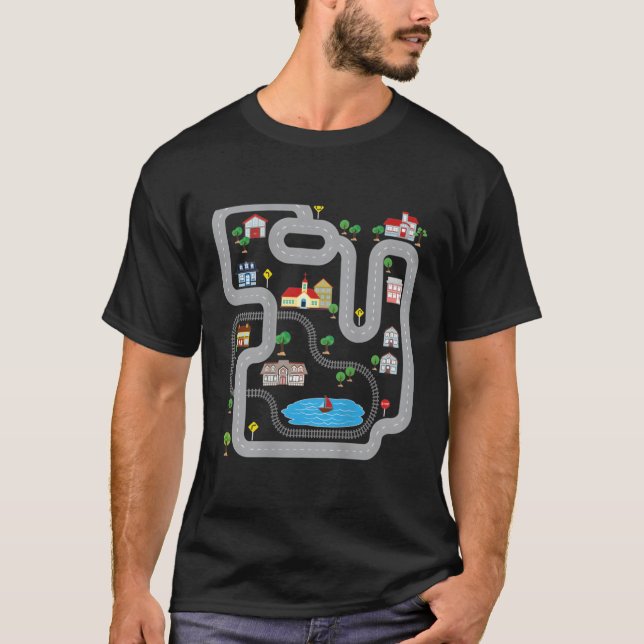 Playmat Train Car Race Track Printed On Back Road T-Shirt (Front)
