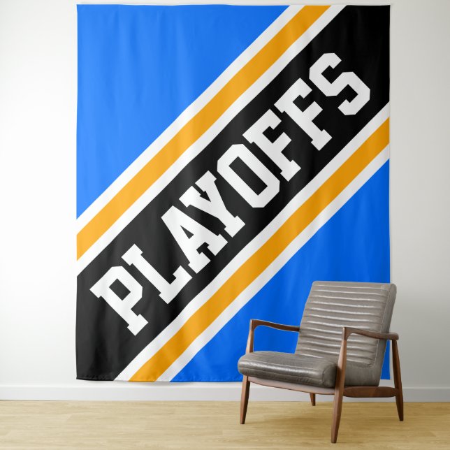 PLAYOFFS Bright Blue Black Orange Stripes Backdrop Tapestry (In Situ)