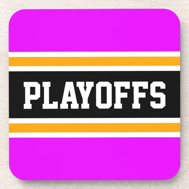 PLAYOFFS Fun Bold Bright Pink Yellow Black Stripes Coaster (Front)