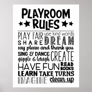 Playroom Rules Black & White Poster