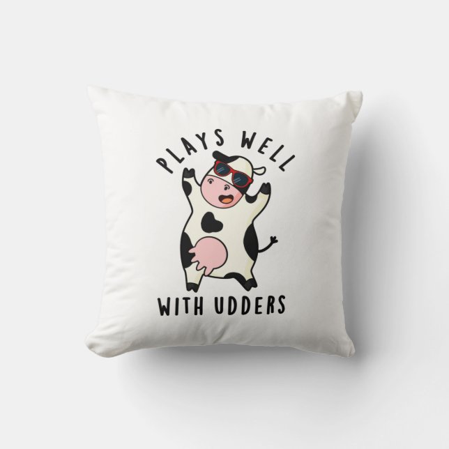 Plays Well With Udders Funny Cow Pun Cushion (Front)